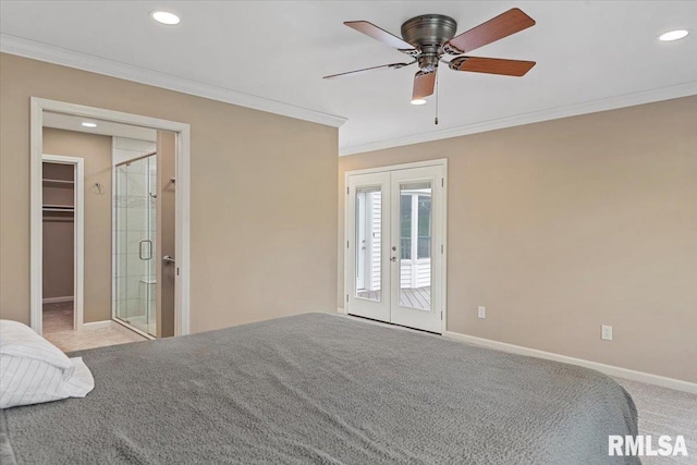 unfurnished bedroom with ornamental molding, french doors, recessed lighting, and carpet floors
