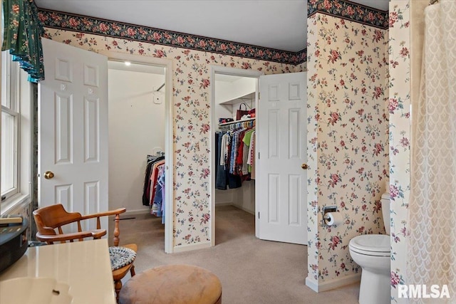 full bath with toilet, baseboards, and a walk in closet