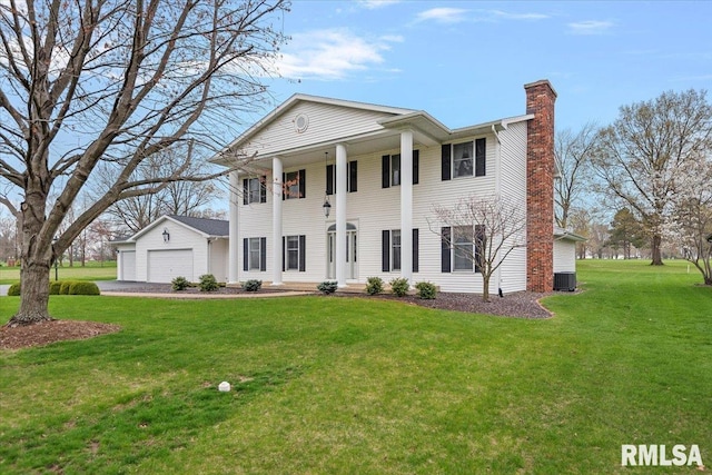 greek revival house with central AC, a front lawn, and a chimney