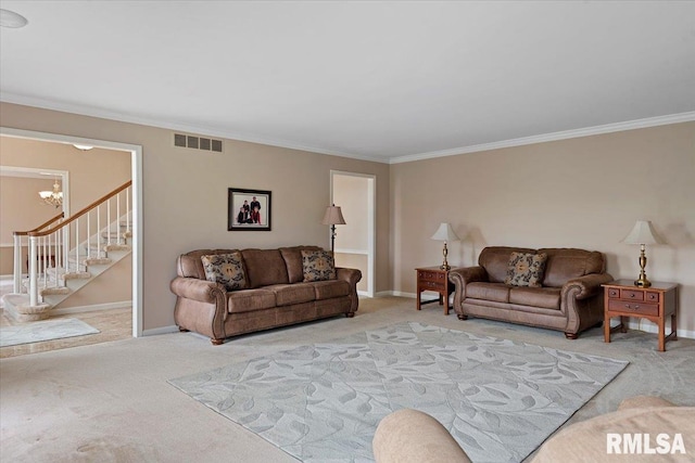 living area featuring crown molding, visible vents, stairway, a chandelier, and light carpet