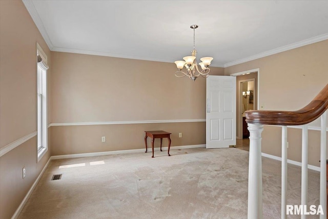 interior space with a chandelier, visible vents, baseboards, and crown molding