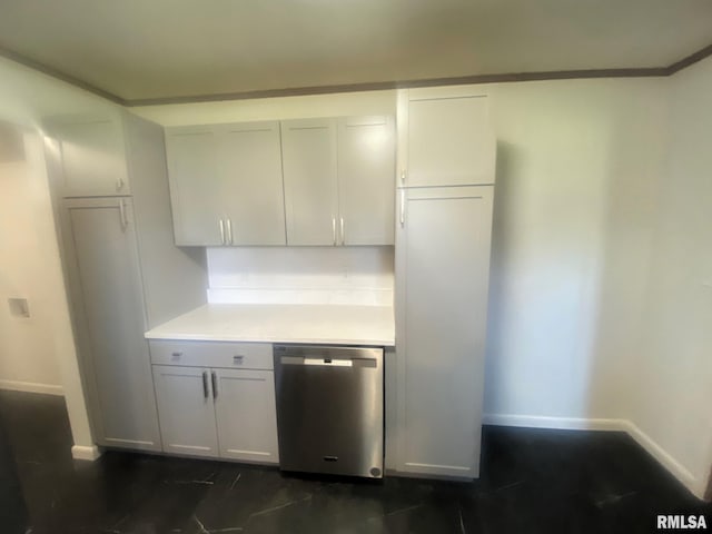 kitchen with light countertops, gray cabinetry, dishwasher, and baseboards