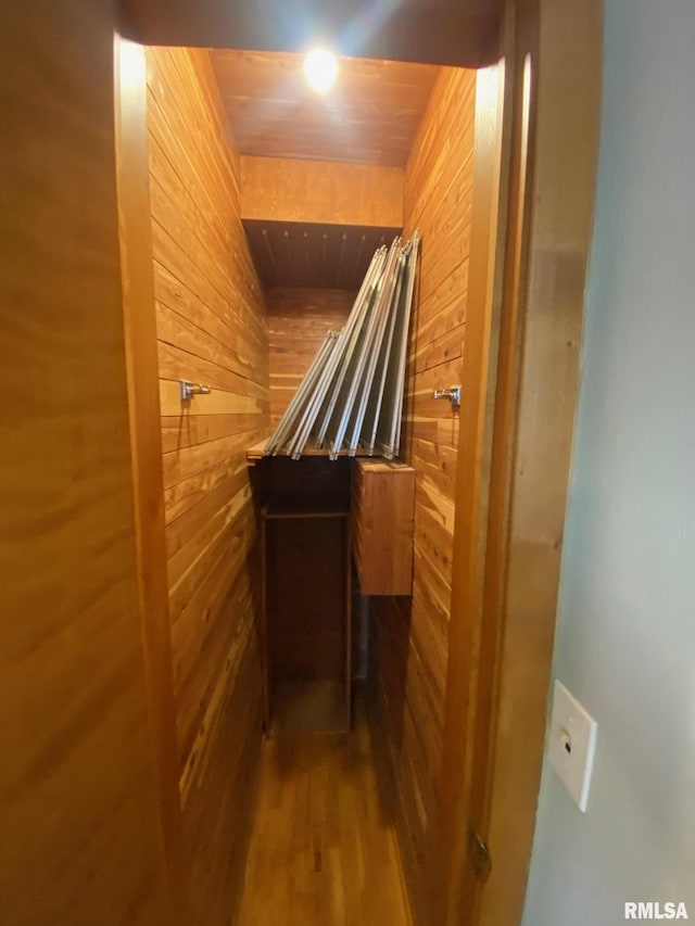 interior space with wood walls and dark wood-style flooring