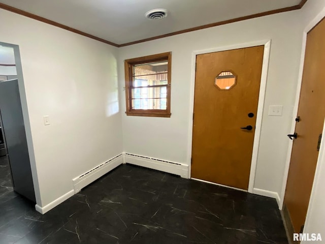 foyer entrance with a baseboard heating unit, visible vents, baseboards, and crown molding
