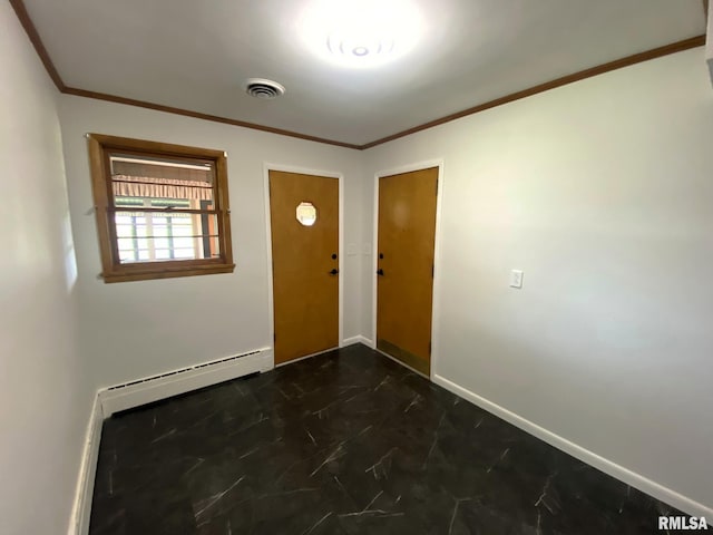 entrance foyer featuring marble finish floor, crown molding, a baseboard heating unit, and visible vents