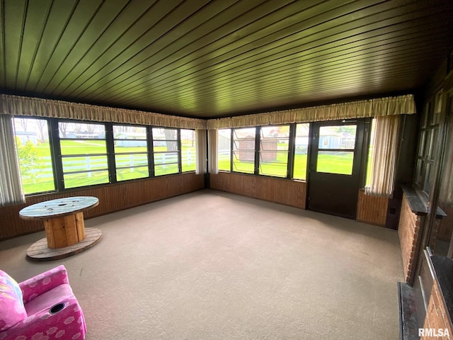 unfurnished sunroom with wood walls, carpet flooring, and a wealth of natural light