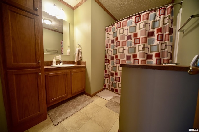 24 Davis Rd, Cave In Rock, IL 62919 - bathroom featuring crown molding, a textured ceiling, vanity, a shower with shower curtain, and tile patterned floors