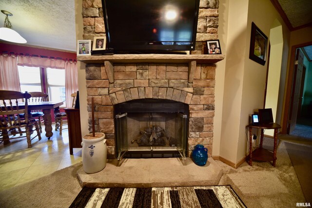 24 Davis Rd, Cave In Rock, IL 62919 - interior details featuring carpet floors, a stone fireplace, baseboards, and a textured ceiling