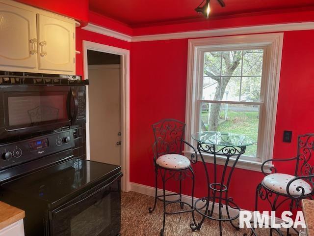 kitchen with baseboards, white cabinetry, black appliances, and a wealth of natural light