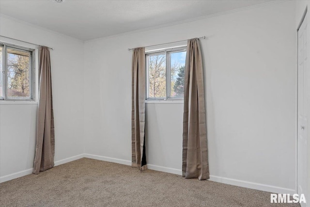 spare room featuring ornamental molding, baseboards, and carpet