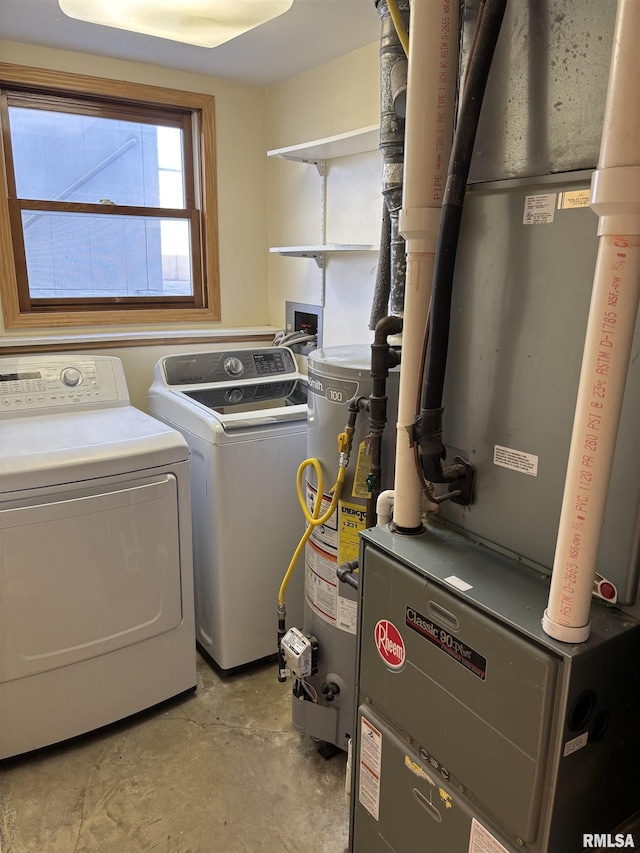 2110 Magnolia Dr, Jacksonville, IL 62650 - laundry room featuring laundry area, separate washer and dryer, heating unit, and water heater