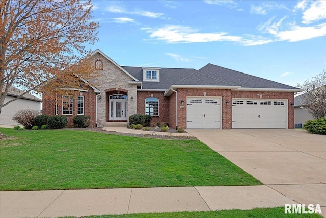 view of front facade featuring concrete driveway, an attached garage, a front yard, brick siding, and a shingled roof