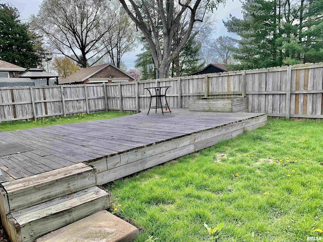 wooden terrace with a yard and a fenced backyard