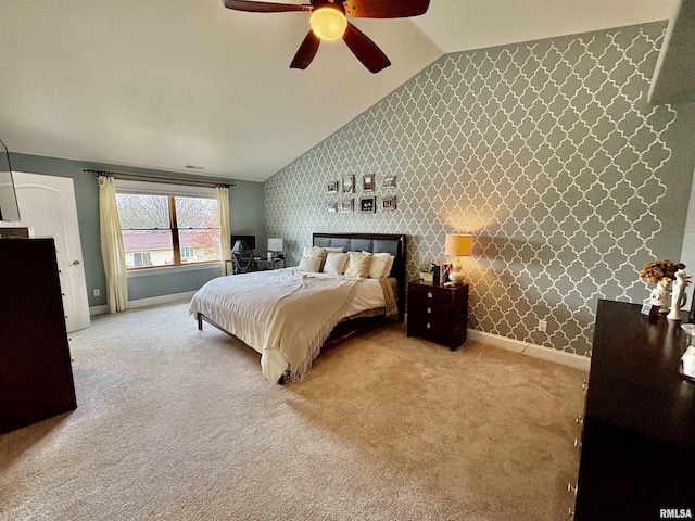 3096 Whitehaven Cir, Galesburg, IL 61401 - bedroom featuring a ceiling fan, wallpapered walls, carpet floors, baseboards, and lofted ceiling