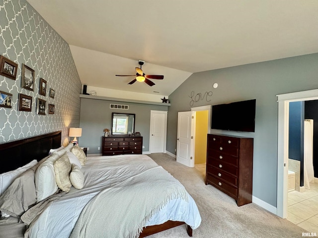 3096 Whitehaven Cir, Galesburg, IL 61401 - bedroom featuring lofted ceiling, visible vents, baseboards, and light colored carpet