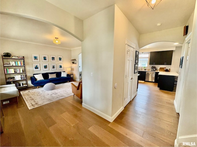 3096 Whitehaven Cir, Galesburg, IL 61401 - living room featuring baseboards, arched walkways, and light wood-style flooring
