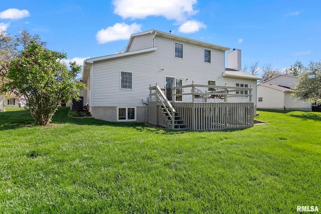 rear view of property with stairway, a lawn, a chimney, and a deck