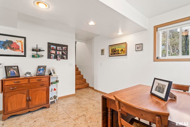 office area featuring recessed lighting and baseboards