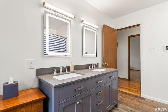 bathroom with double vanity, wood finished floors, baseboards, and a sink