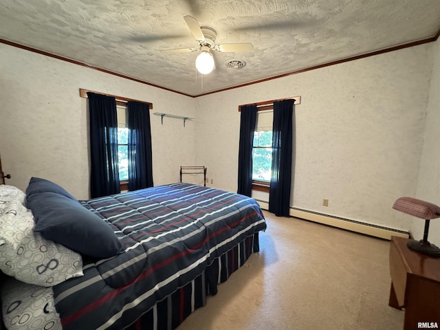 323 E Cortland St, Avon, IL 61415 - bedroom with ornamental molding, a textured ceiling, a baseboard radiator, and multiple windows