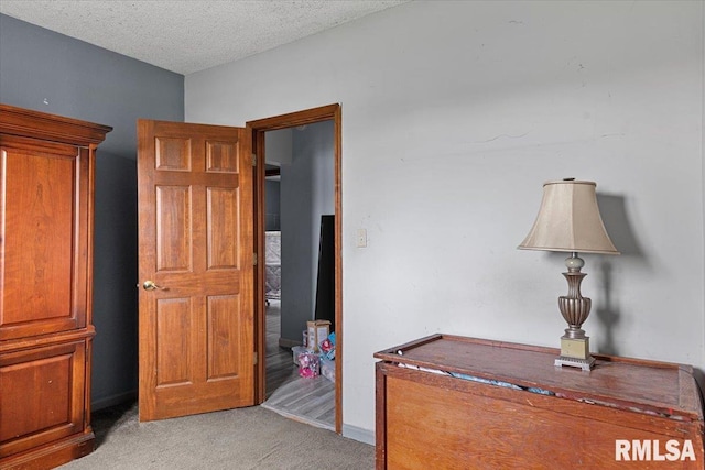 interior space featuring a textured ceiling and light carpet