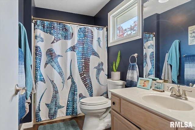 bathroom featuring toilet, vanity, and a shower with shower curtain