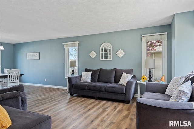 living area featuring baseboards, wood finished floors, and a textured ceiling