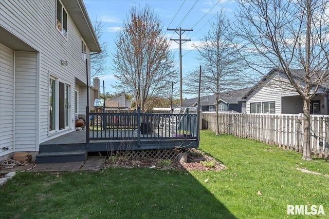 view of yard with a fenced backyard and a wooden deck