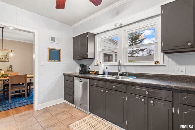 kitchen with crown molding, dark countertops, a sink, dishwasher, and visible vents