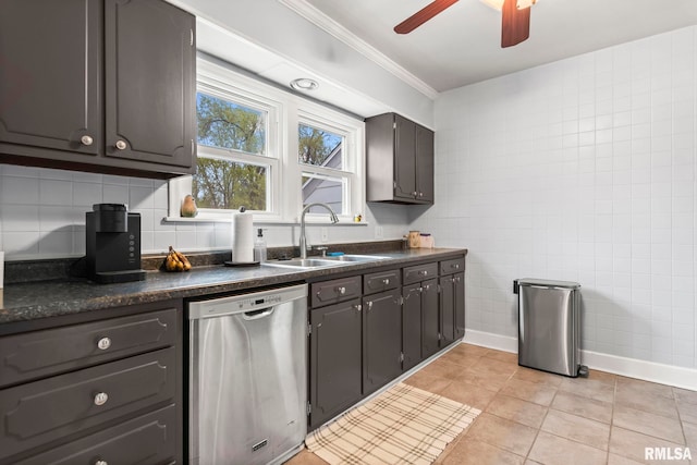kitchen featuring dark countertops, dishwasher, ornamental molding, and a sink