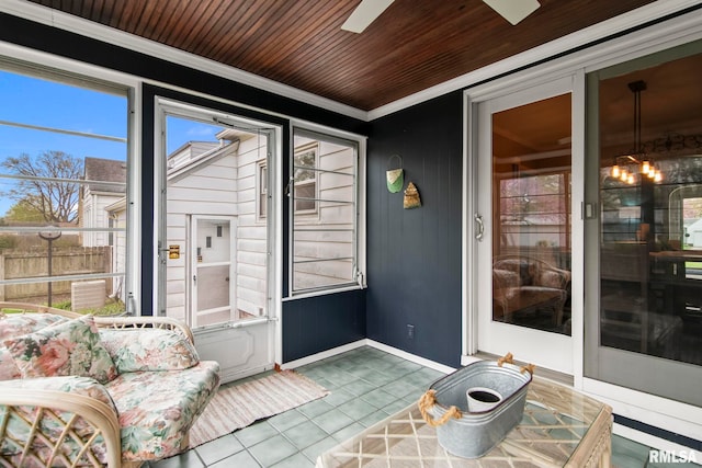 sunroom / solarium featuring a ceiling fan