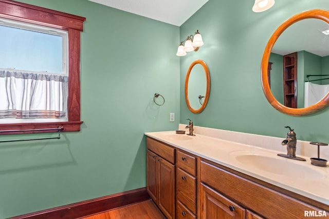 101 E Lester St, Williamsville, IL 62693 - bathroom with baseboards, wood finished floors, a sink, and double vanity