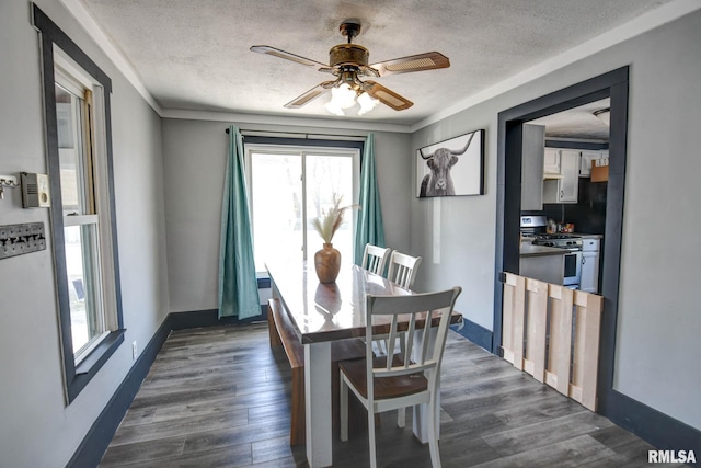 dining area with baseboards, a ceiling fan, a textured ceiling, and dark wood-style floors