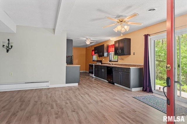 kitchen featuring black dishwasher, white electric stove, a baseboard heating unit, and light countertops