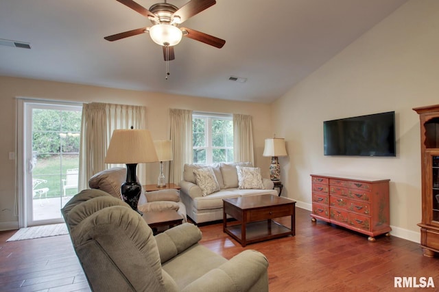 515 Gardendale Dr, Quincy, IL 62301 - living room featuring ceiling fan, vaulted ceiling, wood finished floors, and visible vents