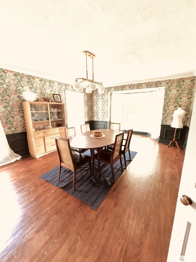603 Country Club Dr, Hannibal-Mo, MO 63401 - dining space featuring wallpapered walls, a wainscoted wall, wood finished floors, crown molding, and a textured ceiling