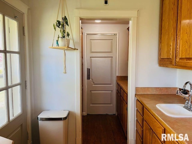 kitchen with a sink, brown cabinets, and dark wood finished floors