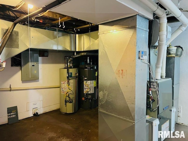 utility room featuring electric panel and gas water heater