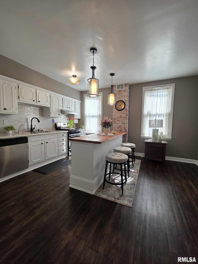 419 S 16th St, Quincy, IL 62301 - kitchen featuring dark wood-type flooring, visible vents, appliances with stainless steel finishes, and white cabinetry