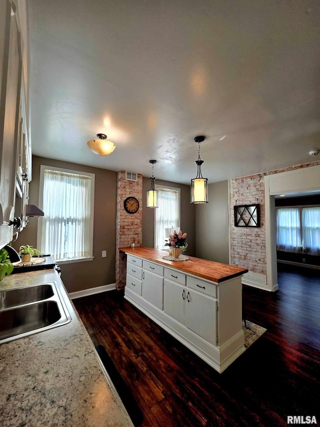 419 S 16th St, Quincy, IL 62301 - kitchen featuring a sink, dark wood-style flooring, baseboards, butcher block countertops, and white cabinetry