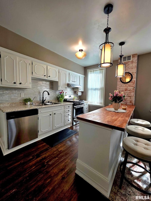419 S 16th St, Quincy, IL 62301 - kitchen with a sink, wood counters, stainless steel appliances, white cabinetry, and under cabinet range hood