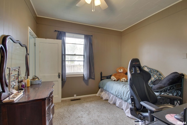 344 S State Rd, Mendon, IL 62351 - bedroom featuring a ceiling fan, visible vents, carpet floors, and crown molding