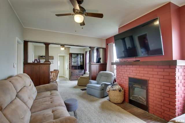 344 S State Rd, Mendon, IL 62351 - carpeted living area featuring a fireplace and a ceiling fan
