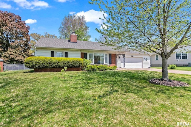 ranch-style home featuring a front lawn, fence, a chimney, concrete driveway, and an attached garage