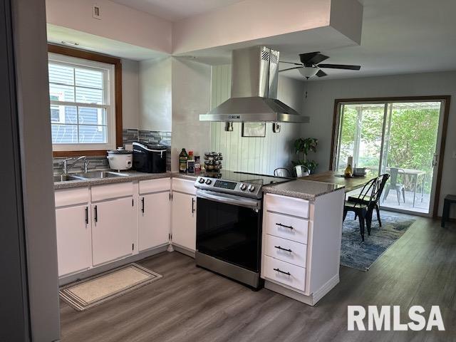 kitchen featuring dark wood finished floors, wall chimney exhaust hood, stainless steel electric range oven, and a sink