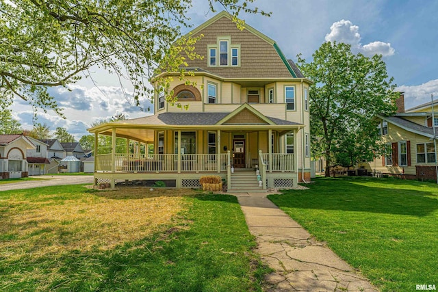 view of front facade with a porch, a front lawn, and roof with shingles