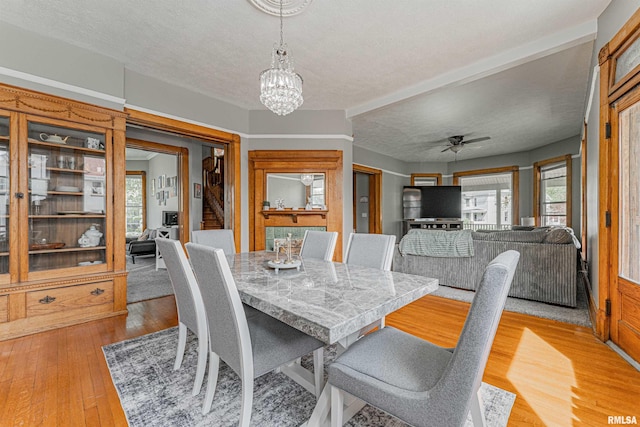 dining area featuring a textured ceiling, a healthy amount of sunlight, and light wood-style flooring