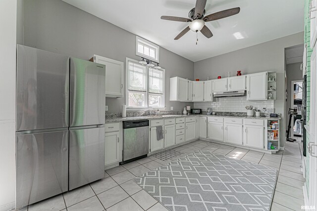 kitchen featuring under cabinet range hood, ceiling fan, open shelves, white cabinetry, and appliances with stainless steel finishes