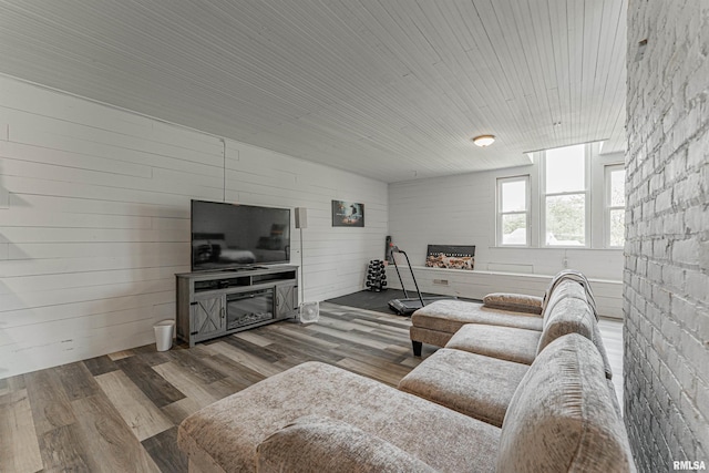 living area featuring wood finished floors and wooden walls