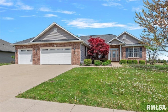 view of front of property with concrete driveway, brick siding, a front lawn, and a garage